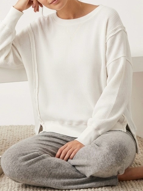 Ae Big Hug Oversized Waffle Knit Crewneck Sweatshirt Off White Small
